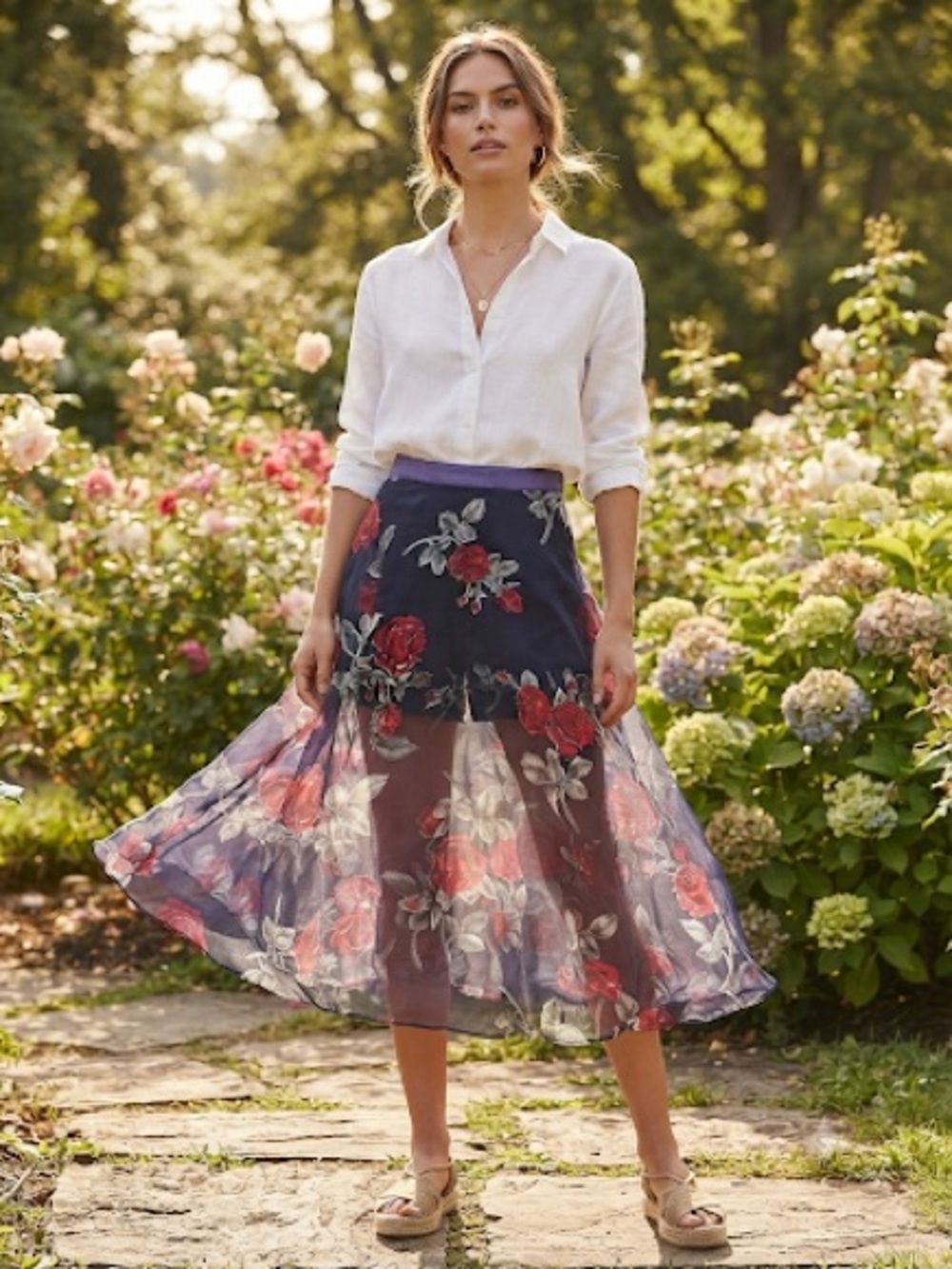 L'ATISTE Navy Midi Skirt with Red Rose Embroidery